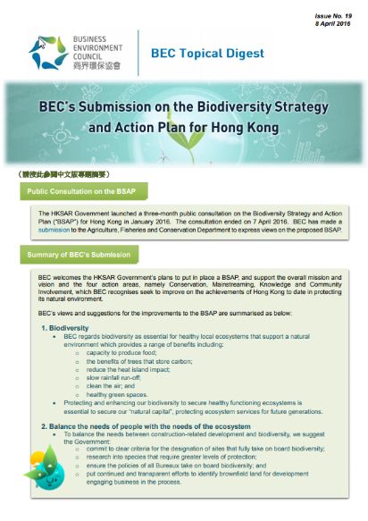 Issue 19: BEC’s Submission on the Biodiversity Strategy and Action Plan for Hong Kong